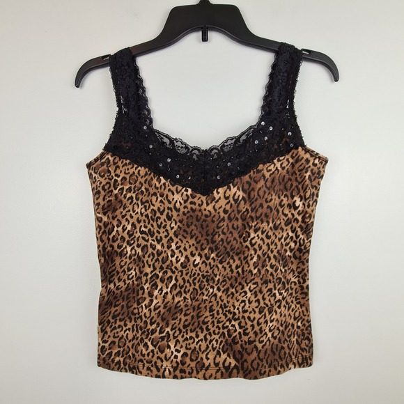 First Issue a Liz Claiborne Company Tops - First Issue Leopard Print Lace Sequin V-Neck Camisole Tank Top‎ Small Y2k Boho